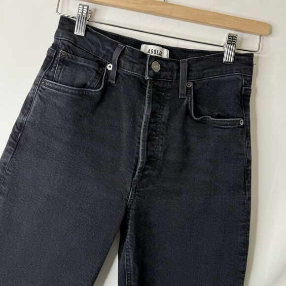 AGOLDE Riley Long Straight Jeans Sz 25 Black High Rise Ankle Button Fly Stretch - Picture 4 of 13